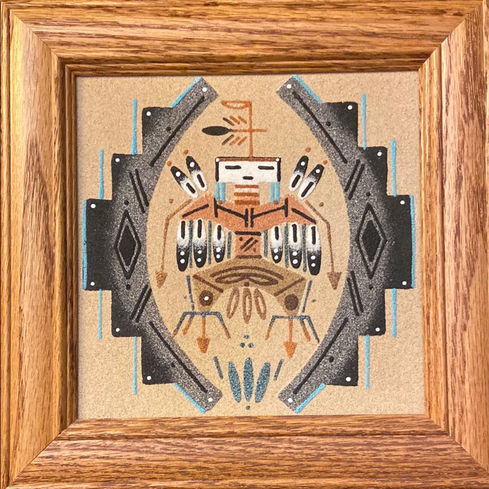 Navajo Sand Painting Tbird 8” Square Framed  Southwest Tribal Thunder